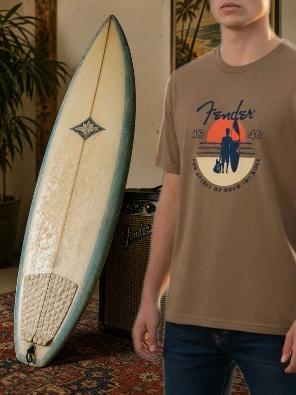 Fender XXL Men's Sunset Spirit Surf Rock "N" Roll T-Shirt, Olive Color Tee